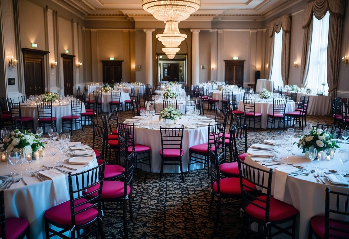 A grand banquet hall set for a UK wedding, with rows of elegantly decorated tables and chairs, ready for a large number of guests