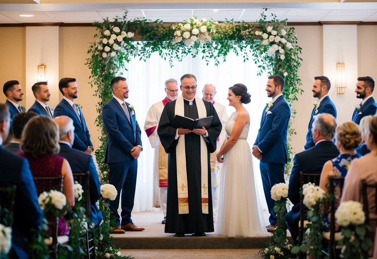 A traditional wedding ceremony with an officiant standing at the front of a decorated venue
