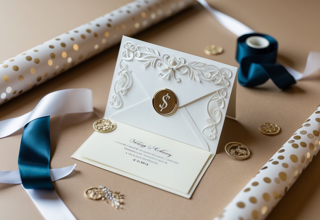 A decorative wedding card with a cash envelope inside, surrounded by elegant wrapping paper and a ribbon