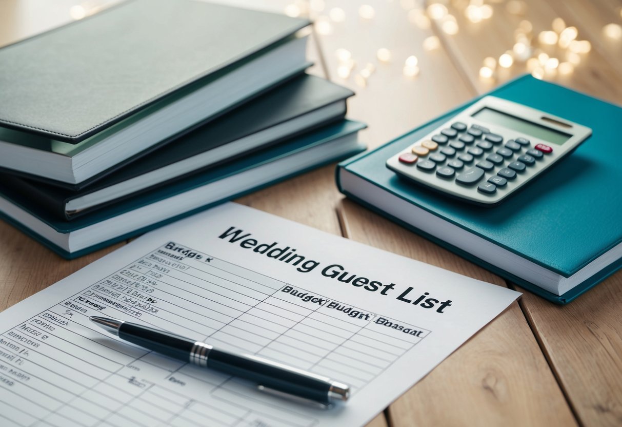 A table with a wedding guest list and budget spreadsheet, surrounded by a pen, calculator, and wedding planning books
