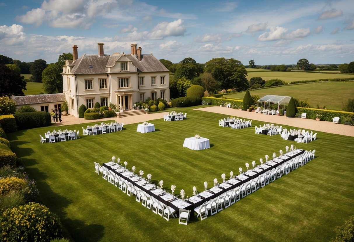 A picturesque countryside estate with a grand manor, lush gardens, and a sprawling lawn set up for a wedding reception, with enough seating for an average of 100 guests