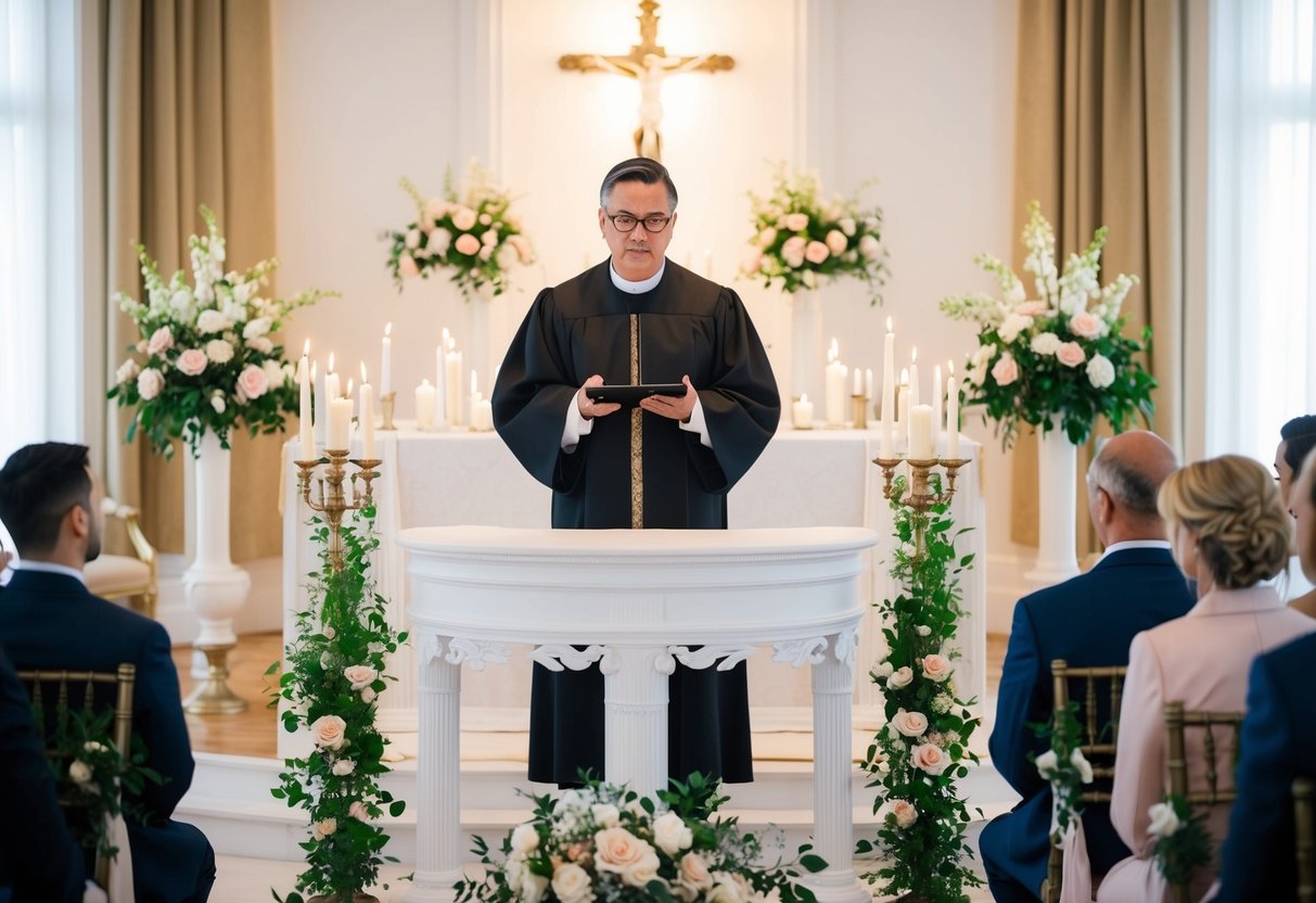 A wedding officiant stands at a decorated altar, ready to perform a ceremony. The setting is elegant and serene, with flowers and candles adorning the space