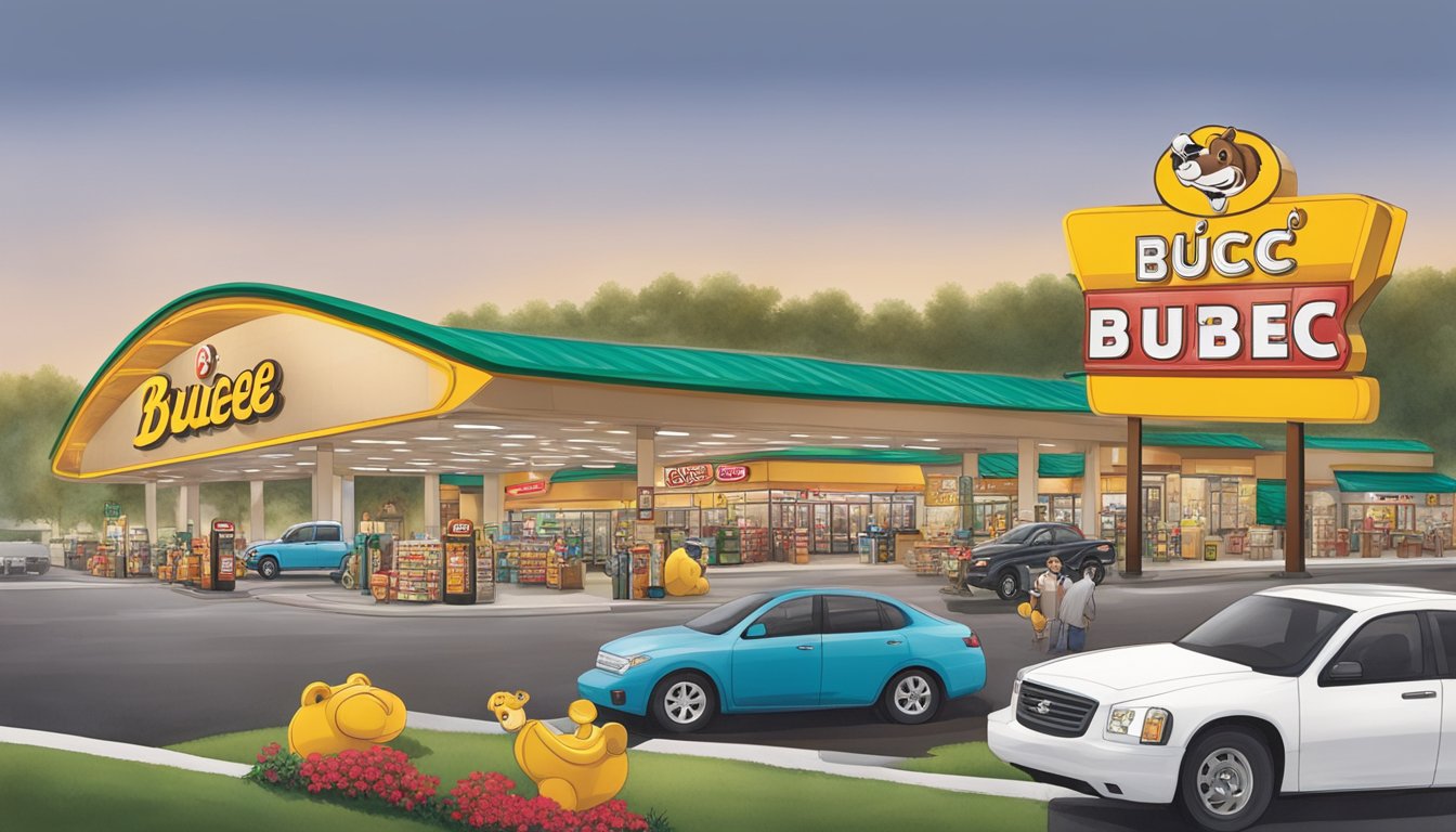 A busy highway with a large sign for Buc-ee's, surrounded by gas pumps and a sprawling convenience store with a distinctive beaver mascot