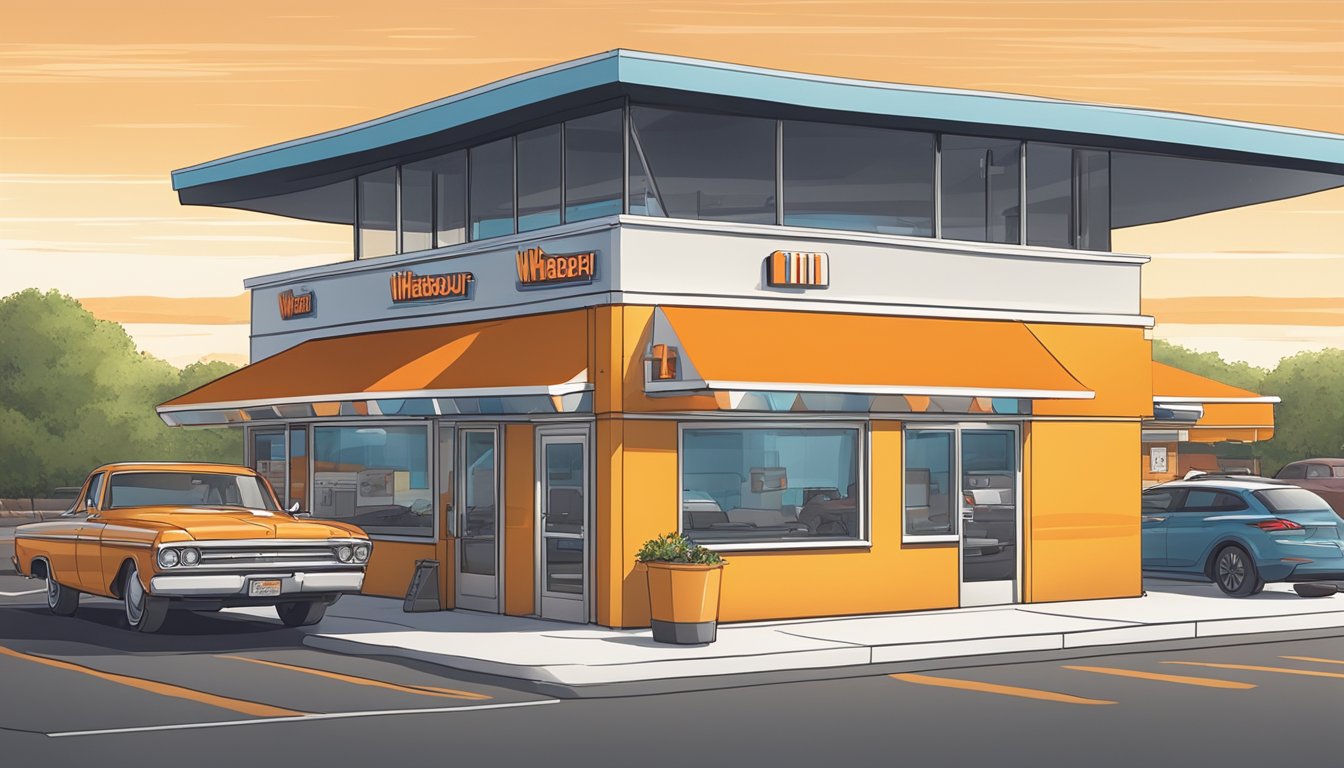 A brightly lit Whataburger restaurant with a clock showing closing time, with cars in the drive-thru and a few people inside enjoying their meals