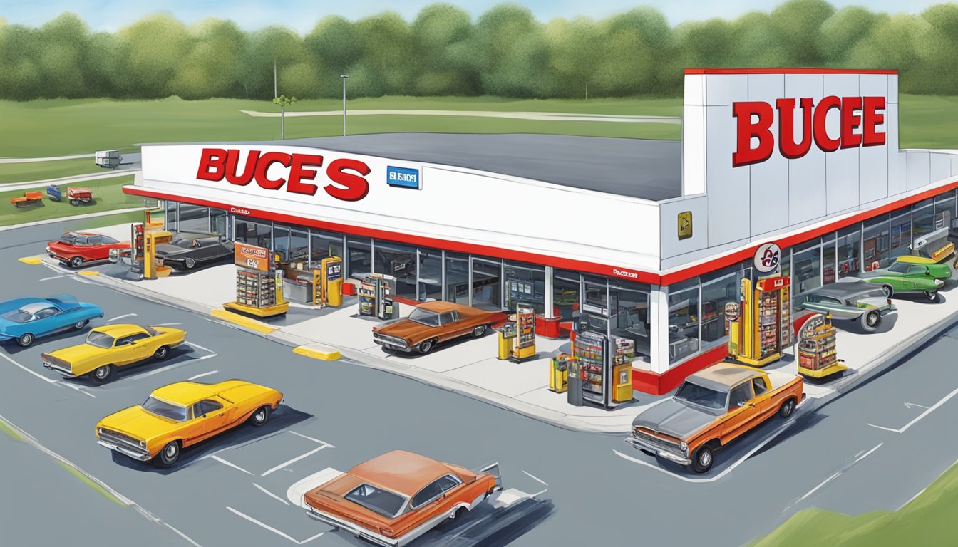 A busy gas station with multiple fuel pumps, a large convenience store, and a prominent Buc-ee's sign. Cars and trucks are coming and going, and customers are entering and exiting the store