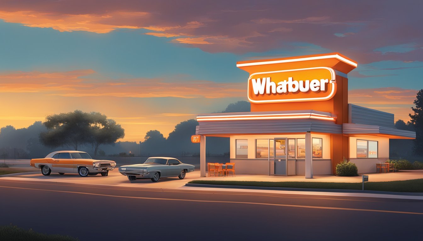 A Whataburger restaurant at dusk, with a glowing sign and cars in the drive-thru