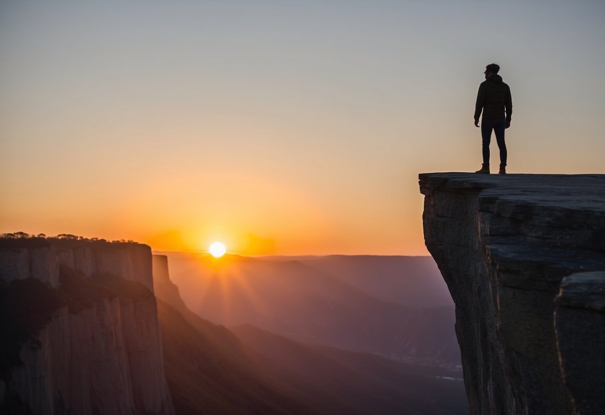 A lone figure standing at the edge of a cliff, with the sun rising in the background, casting a warm, golden glow over the landscape