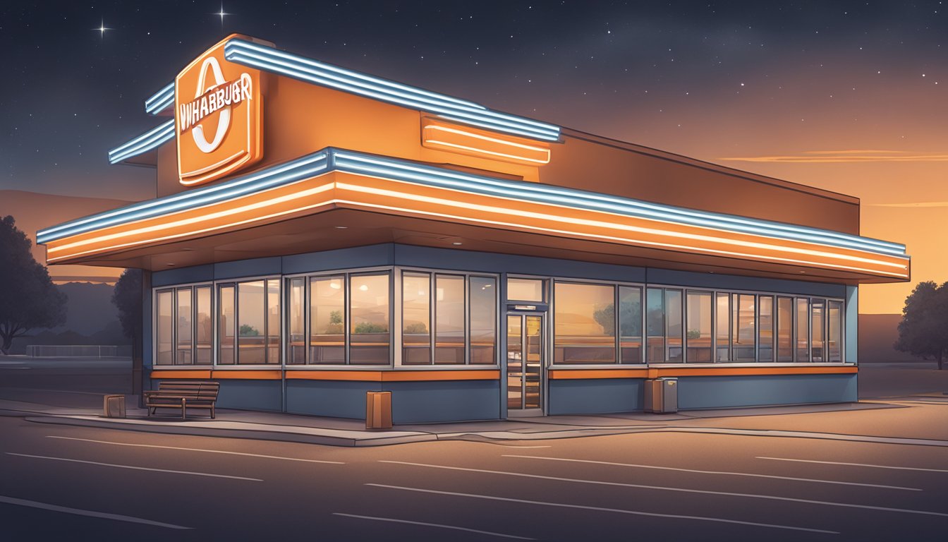 A Whataburger restaurant at night with a closed sign in the window and empty parking lot