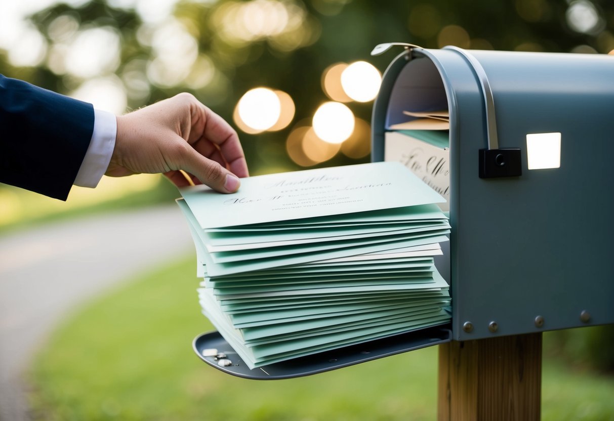 A stack of elegant wedding invitations being placed into a mailbox