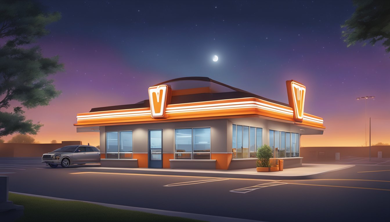 A Whataburger restaurant at night, with a glowing sign and drive-thru lights, surrounded by a quiet, empty parking lot