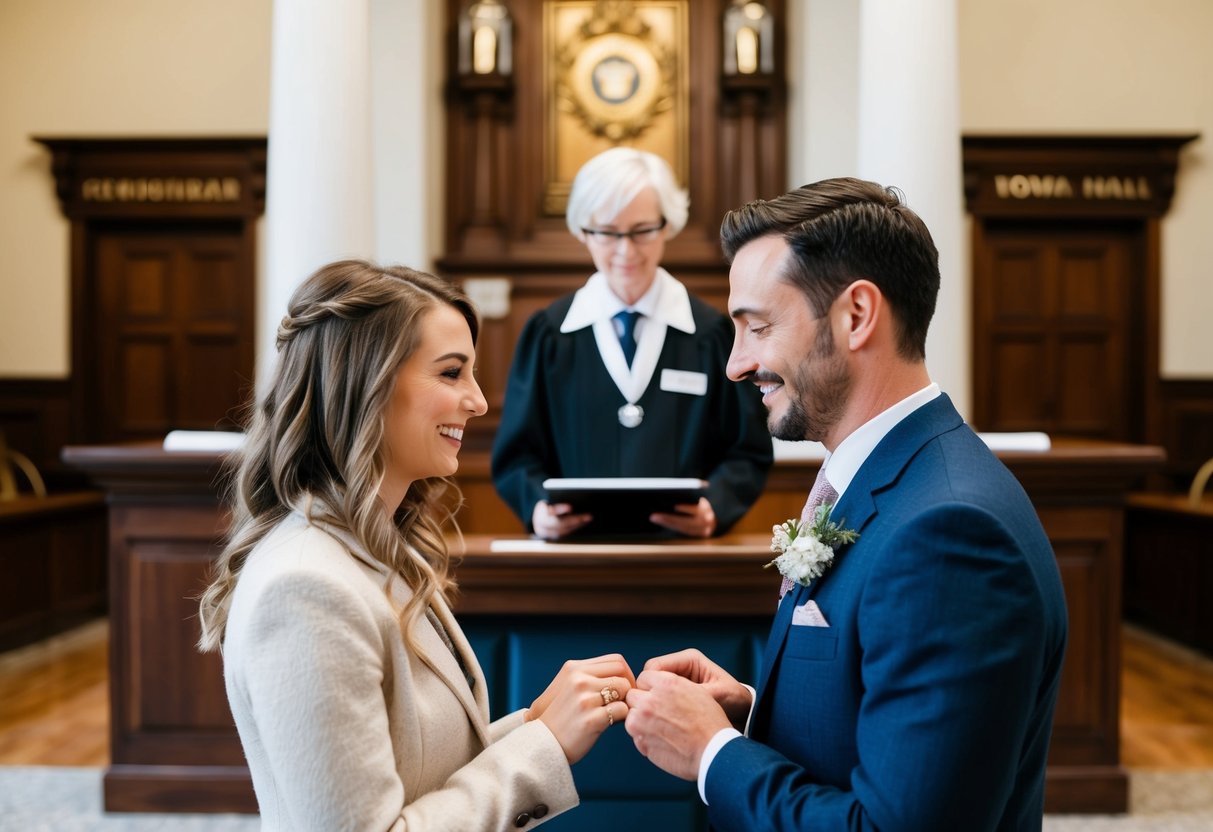 A couple exchanging rings in front of a registrar at a town hall