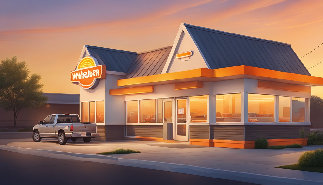 The sun sets behind a glowing Whataburger sign, casting a warm light on the drive-thru and outdoor seating area