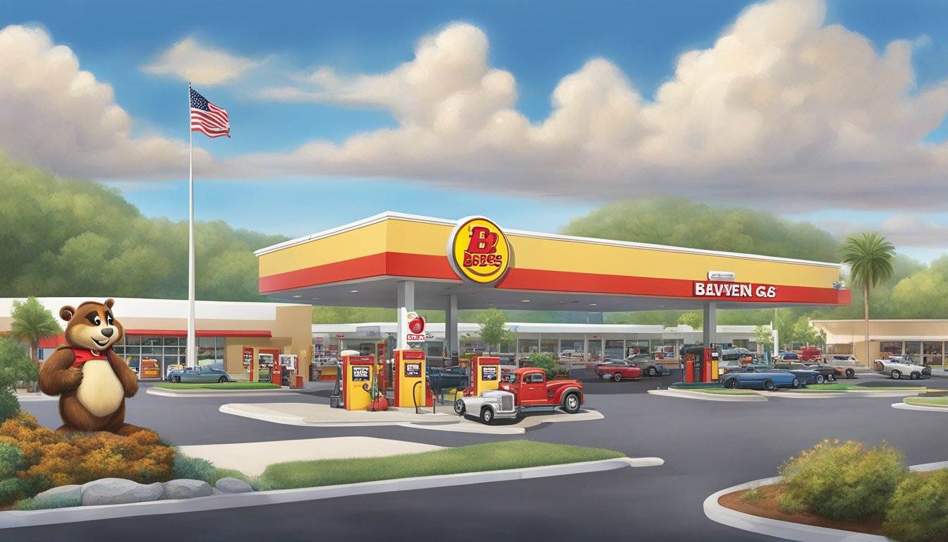 A bustling Buc-ee's gas station with a large, iconic beaver mascot, fuel pumps, and a clean, well-maintained building surrounded by a spacious parking lot