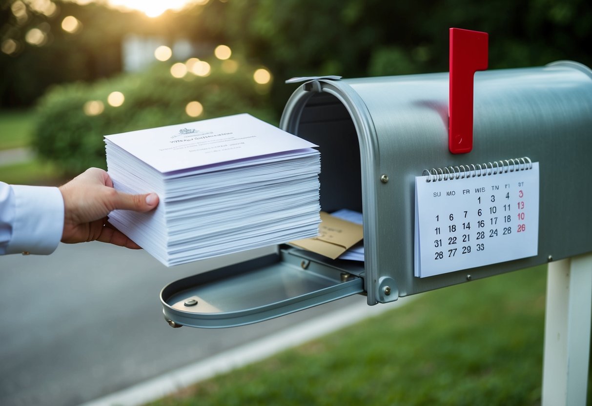 A stack of wedding invitations being placed in a mailbox, with a calendar showing the current date and the wedding date circled