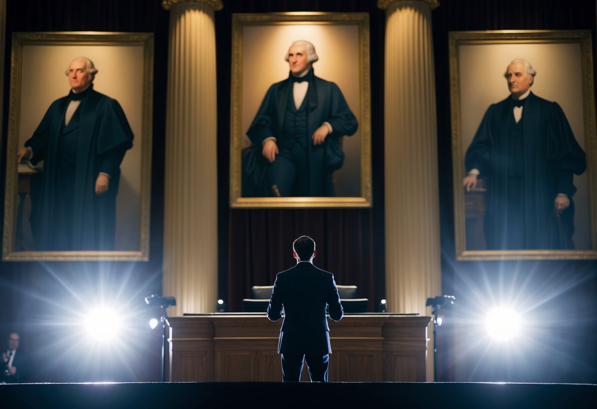 A figure standing on a stage, surrounded by towering portraits of famous orators. The spotlight shines down, illuminating the speaker as they prepare to address the audience