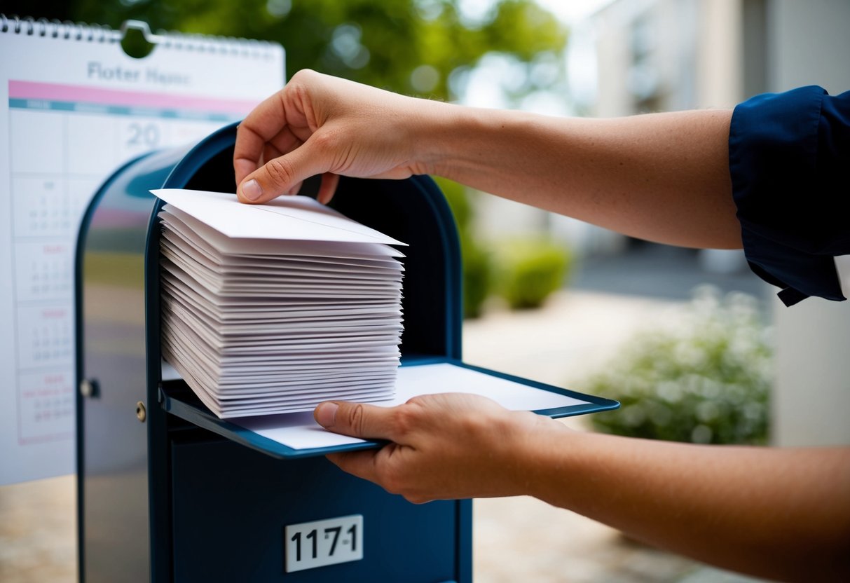 A hand placing a stack of wedding invitations into a mailbox, with a calendar showing the date of the wedding in the background