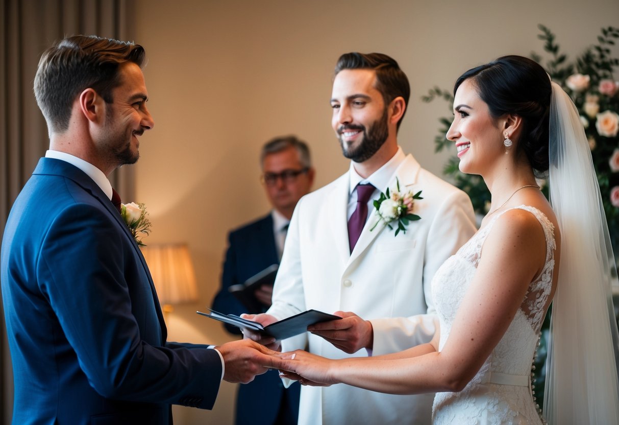 A bride and groom standing before a registrar, exchanging vows in a simple yet elegant ceremony. The room is adorned with flowers and soft lighting, creating a romantic atmosphere