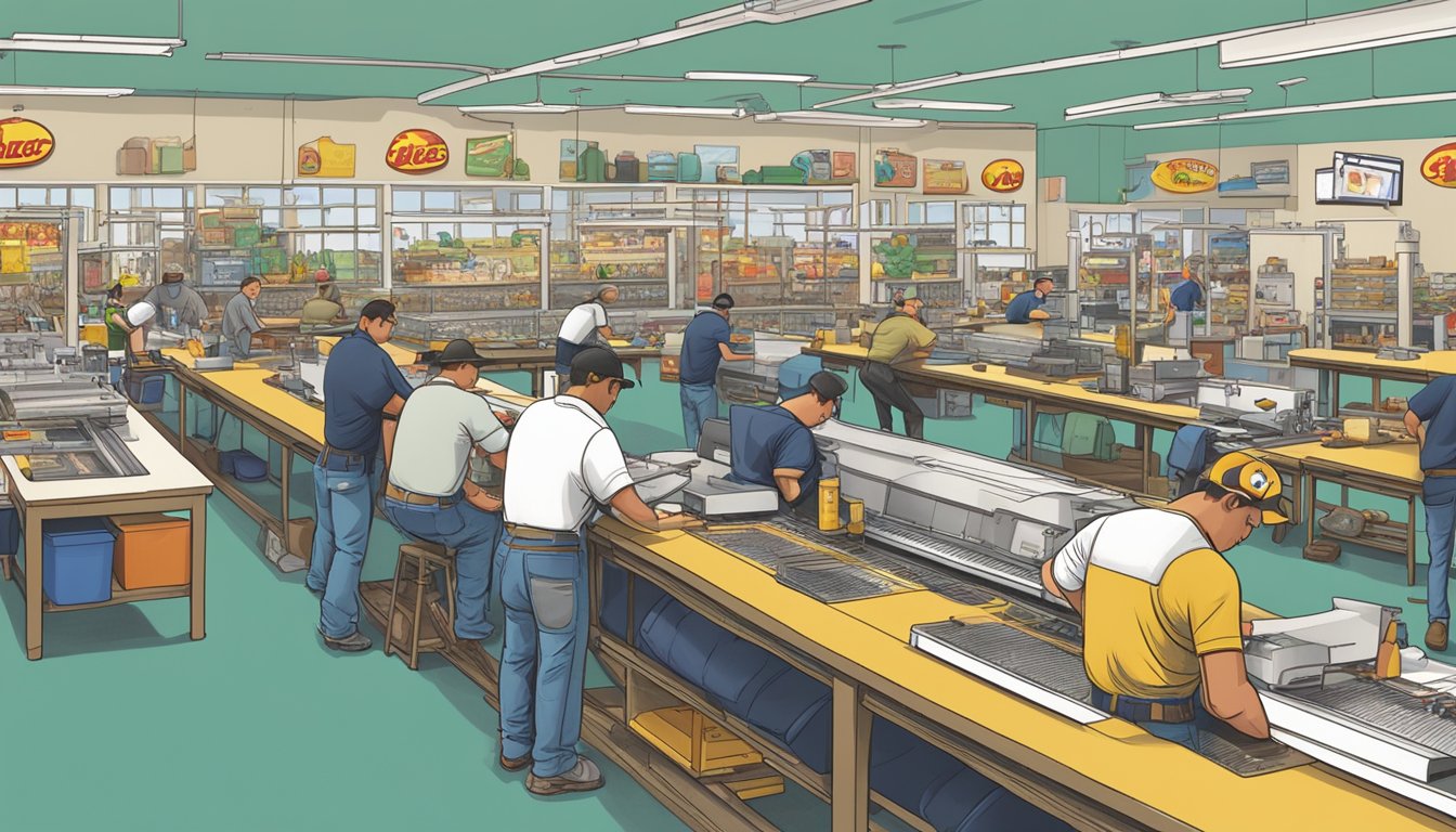 A bustling workshop with designers creating and printing merchandise for buc-ee's. Machines hum as workers prepare colorful designs for shirts and souvenirs