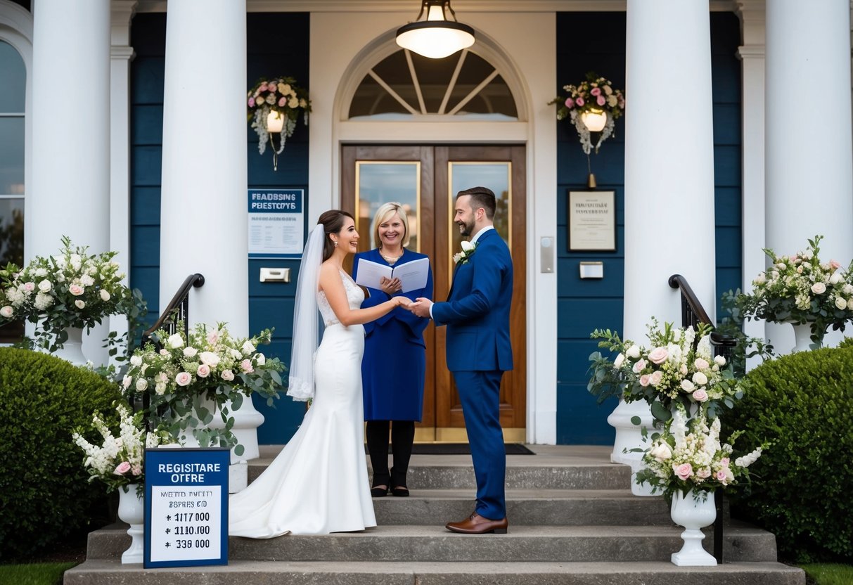 A couple stands in front of a registrar's office, exchanging vows. The building is adorned with flowers and a sign displaying wedding prices