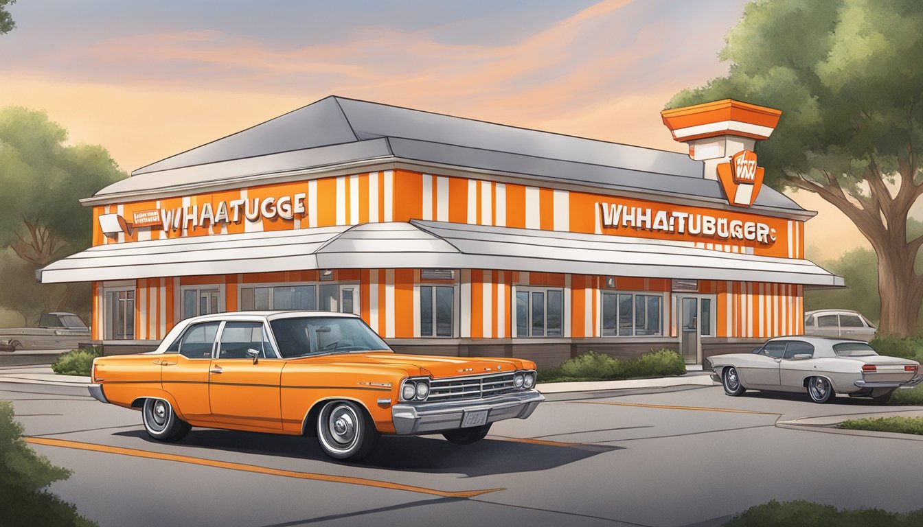 A bustling Whataburger restaurant in Louisiana, with the iconic orange and white striped building and a drive-thru line of cars