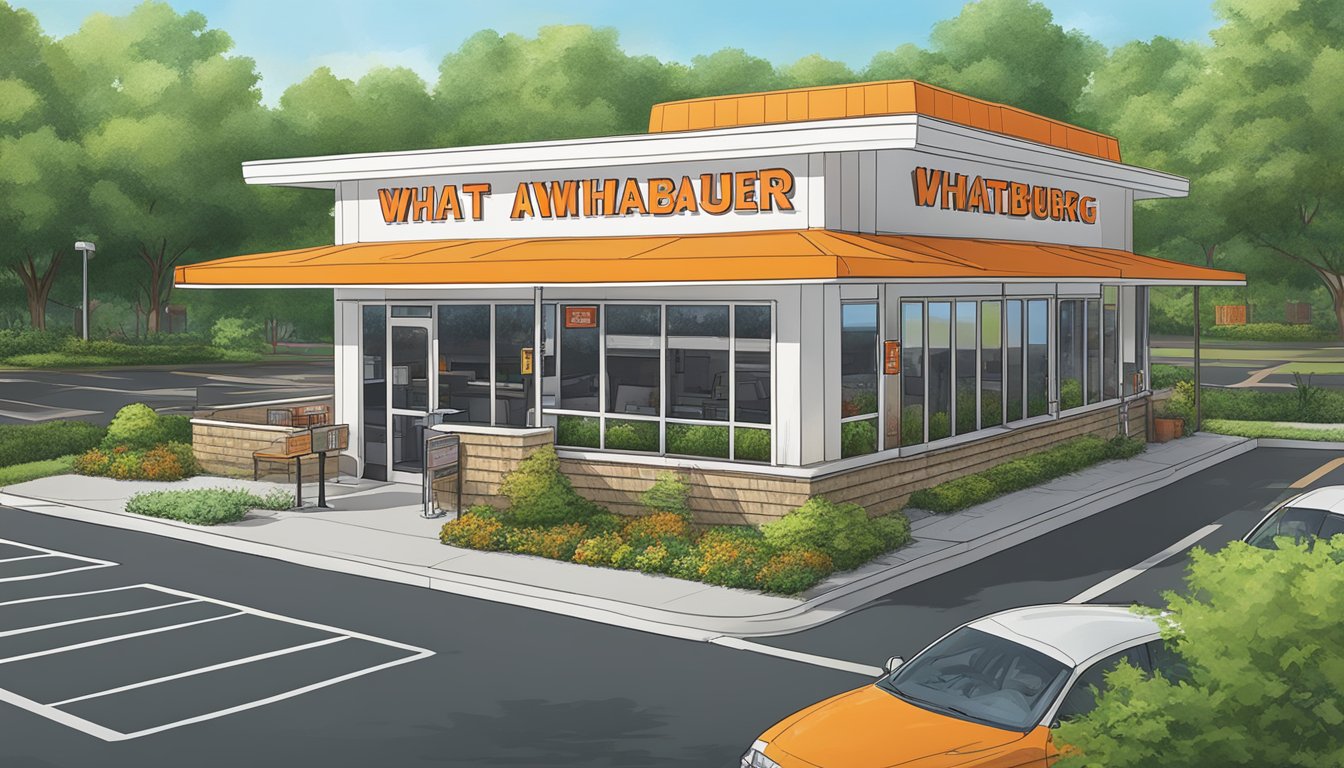 A Whataburger restaurant in Louisiana, surrounded by lush greenery and a bustling parking lot