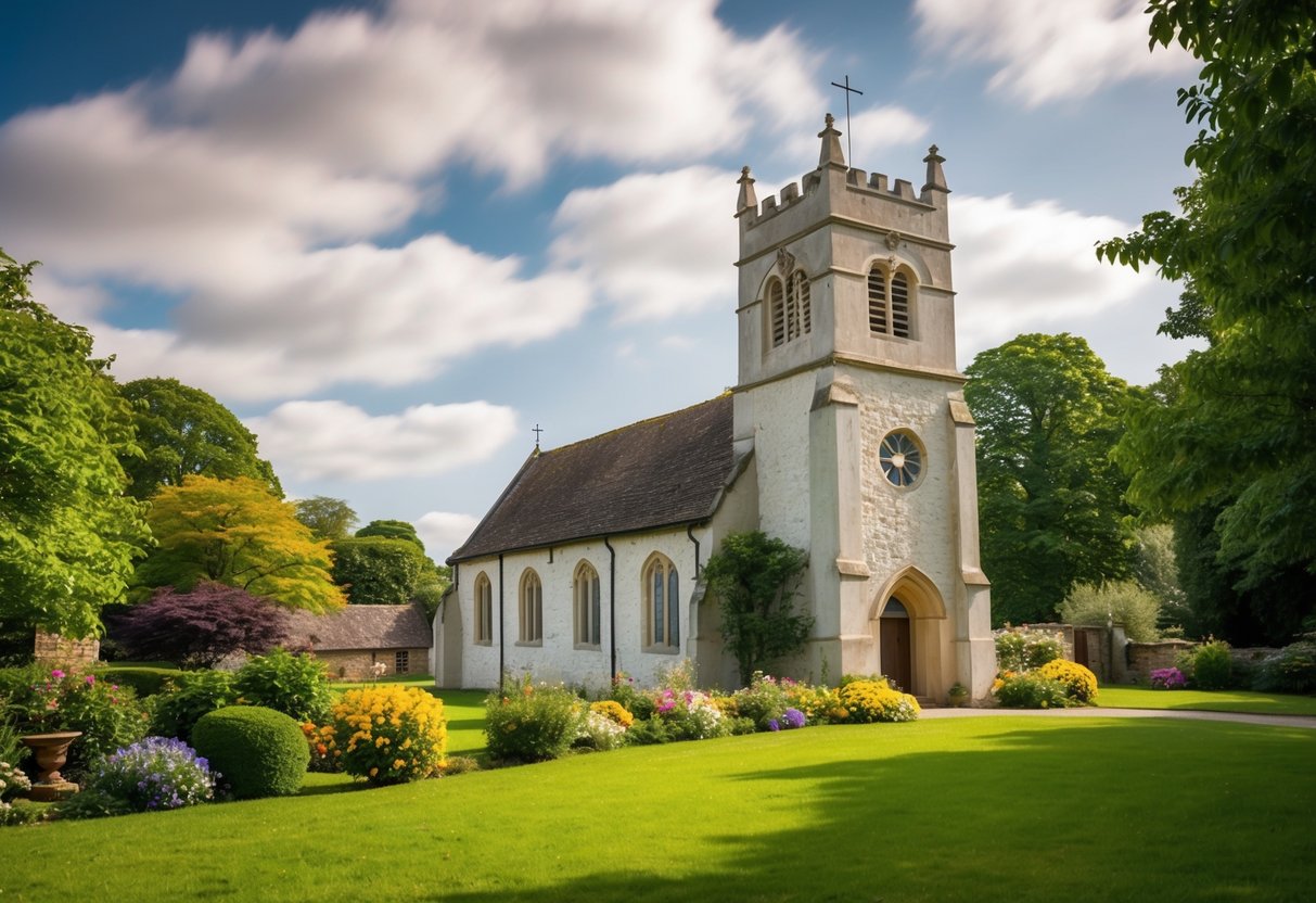 A picturesque English countryside church with a quaint stone facade and a bell tower, surrounded by lush greenery and colorful flowers
