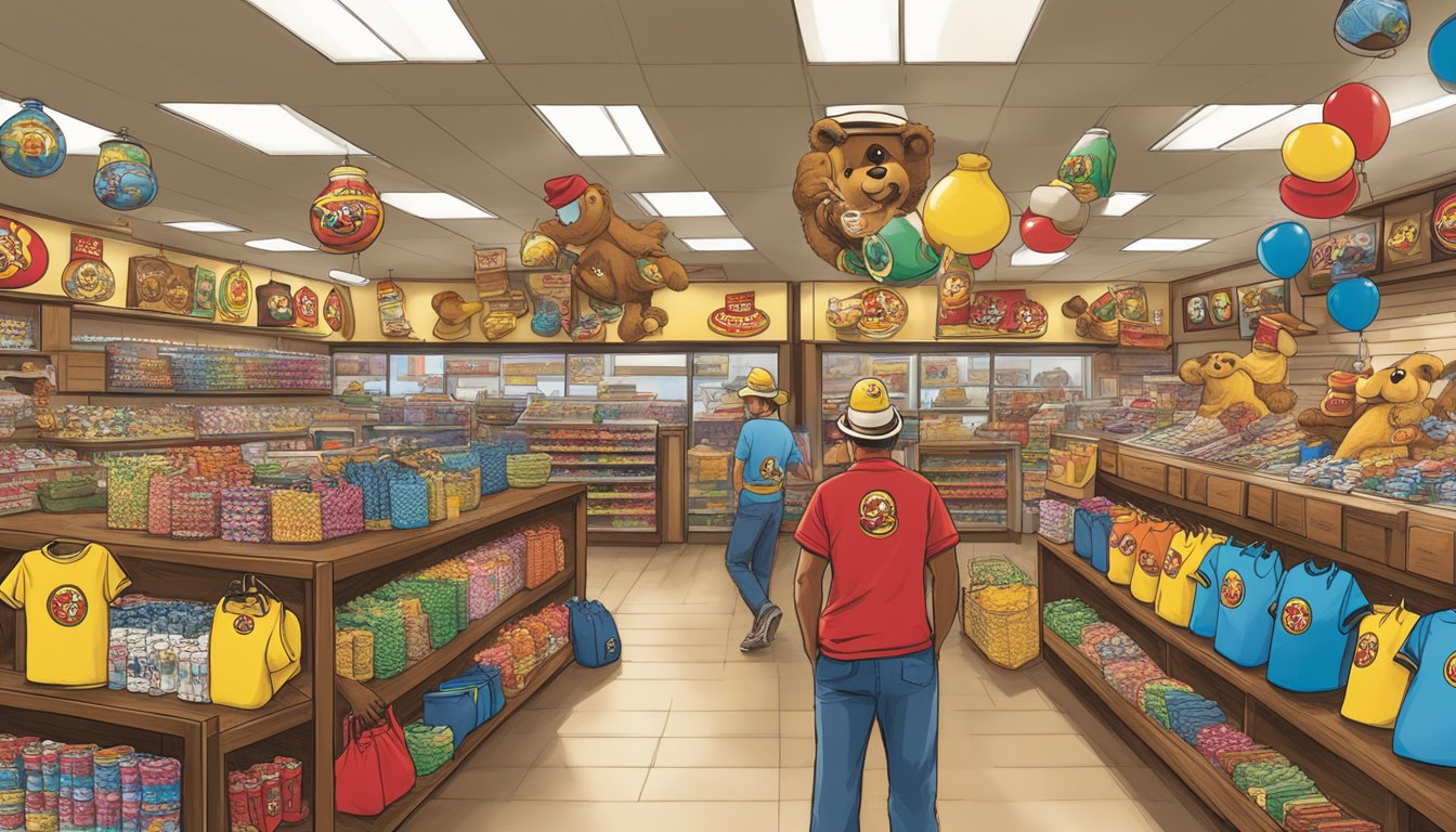 A bustling store filled with various buc-ee's branded merchandise, from t-shirts and hats to mugs and keychains, all proudly displaying the iconic beaver logo