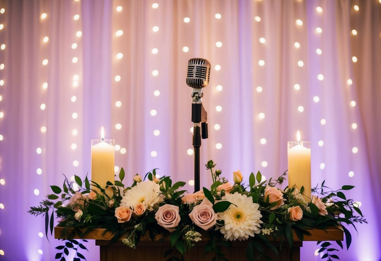 A microphone stands on a podium adorned with flowers and candles, set against a backdrop of twinkling fairy lights and draped fabric