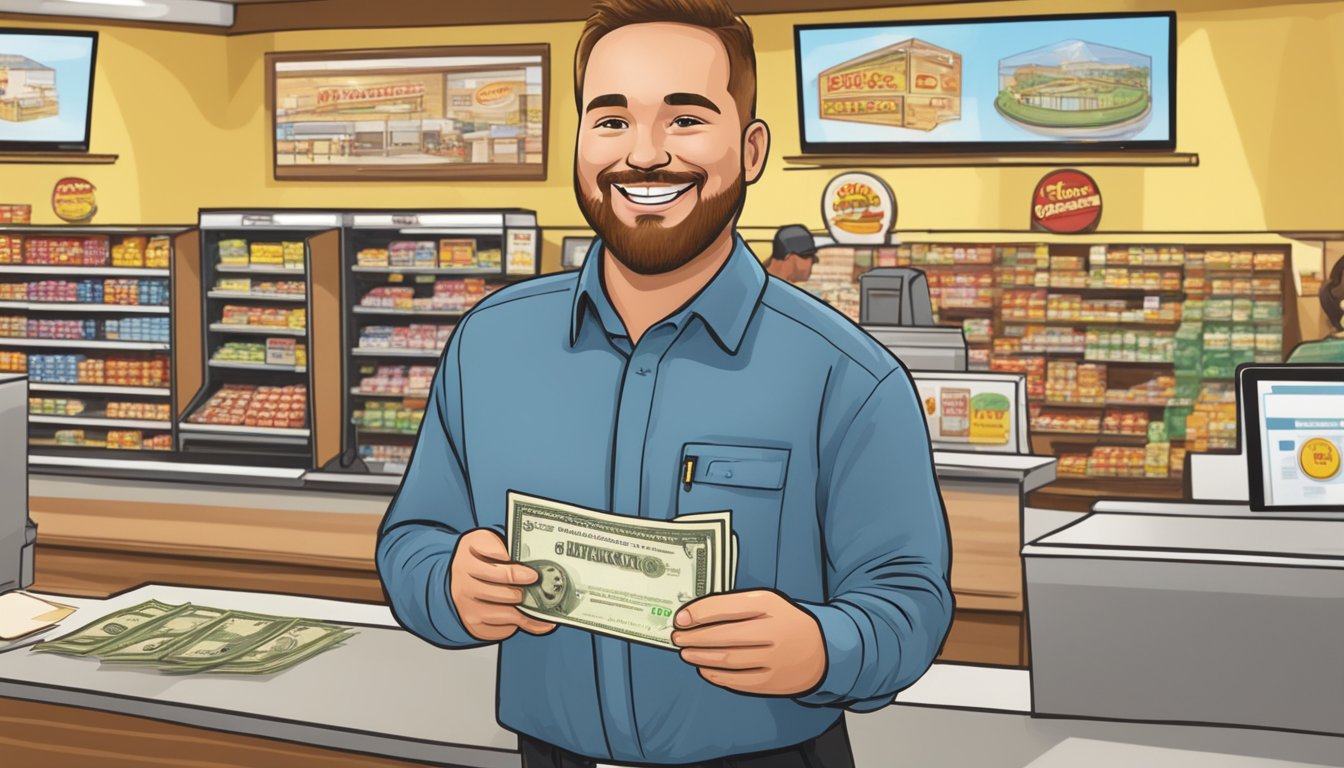 A smiling employee receives their paycheck at the buc-ee's store