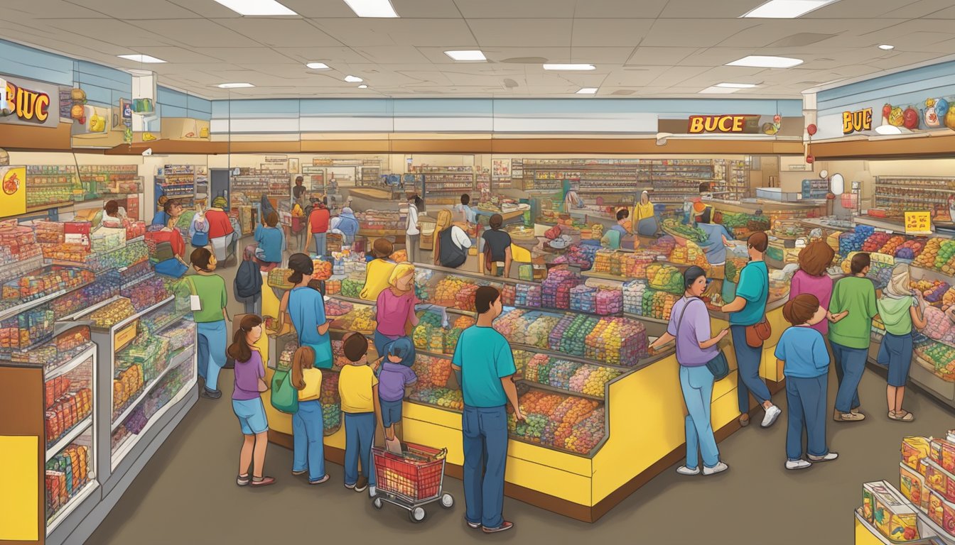 A crowded store with customers browsing and purchasing Buc-ee's merchandise, while employees engage with shoppers, creating a sense of loyalty