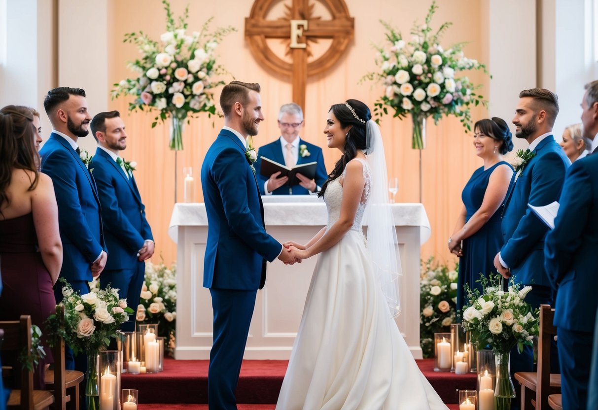 A bride and groom stand at an altar, surrounded by flowers and candles, as they exchange heartfelt vows in front of their loved ones