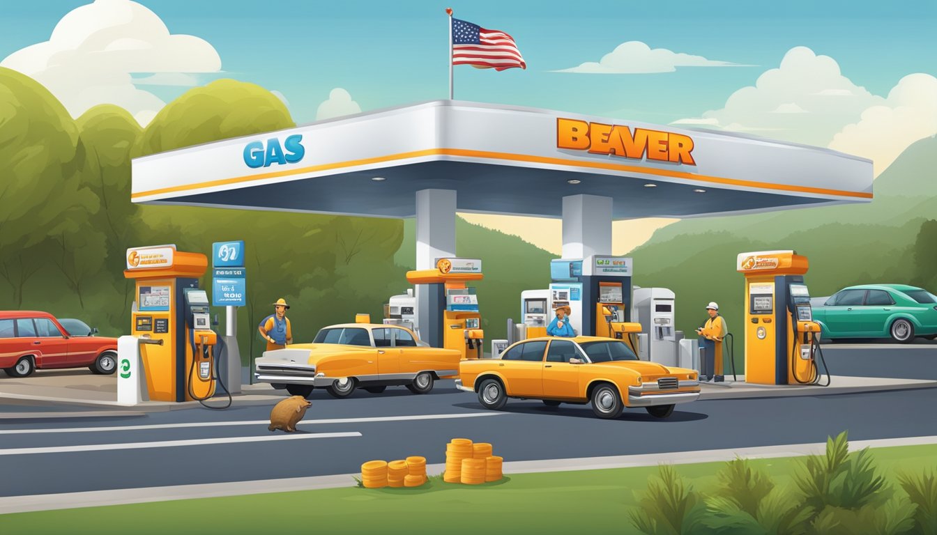 A busy gas station with a large, iconic beaver mascot and a line of customers at the pay counter. Outdoor signs display fuel prices