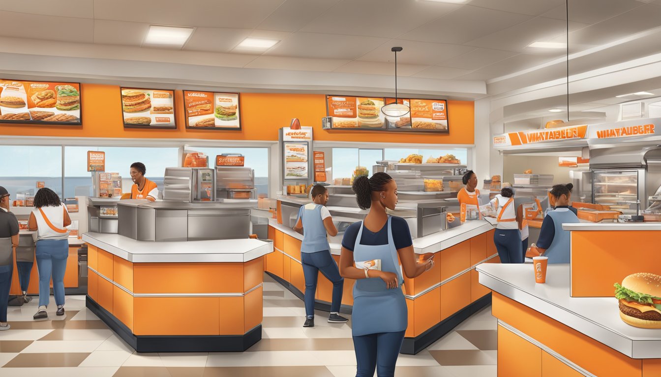 A bustling Whataburger in Louisiana, with customers redeeming rewards and engaging with staff at the counter