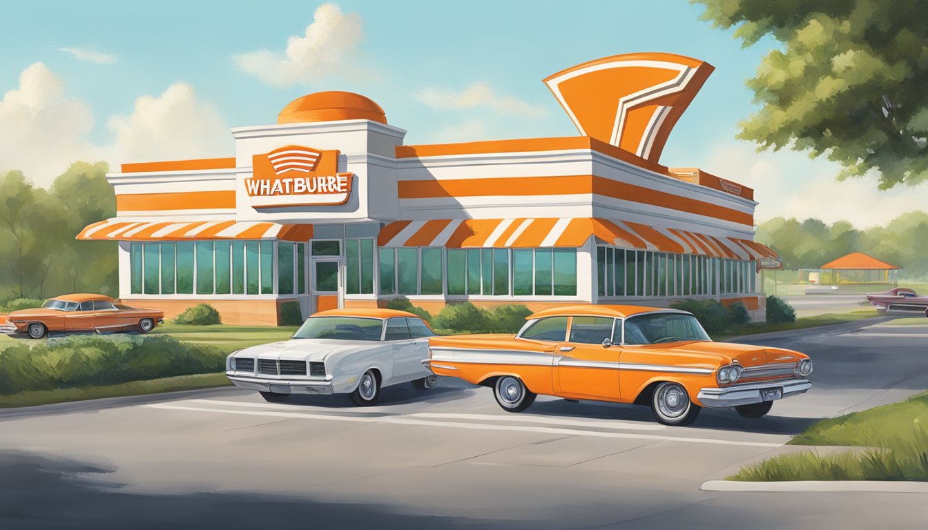 A Whataburger restaurant nestled alongside a bustling Louisiana highway, with cars driving by and the iconic orange and white striped building standing out against the green landscape