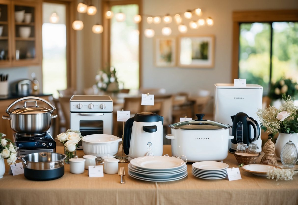 A table with various items such as kitchenware, home appliances, and decor, all arranged neatly with price tags for a wedding registry