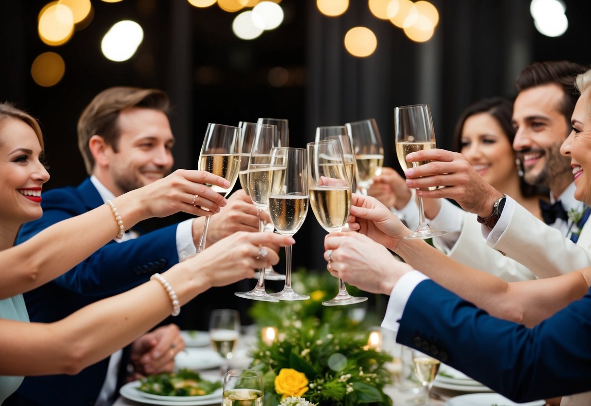 A group of elegantly dressed people raise their glasses in a celebratory toast, smiling and clinking their glasses together