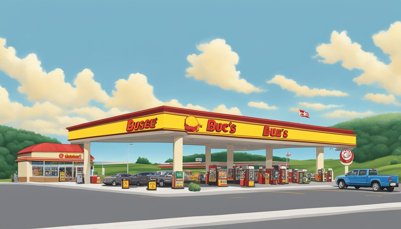 A bustling Buc-ee's gas station and convenience store in Wisconsin, surrounded by rolling green hills and a clear blue sky