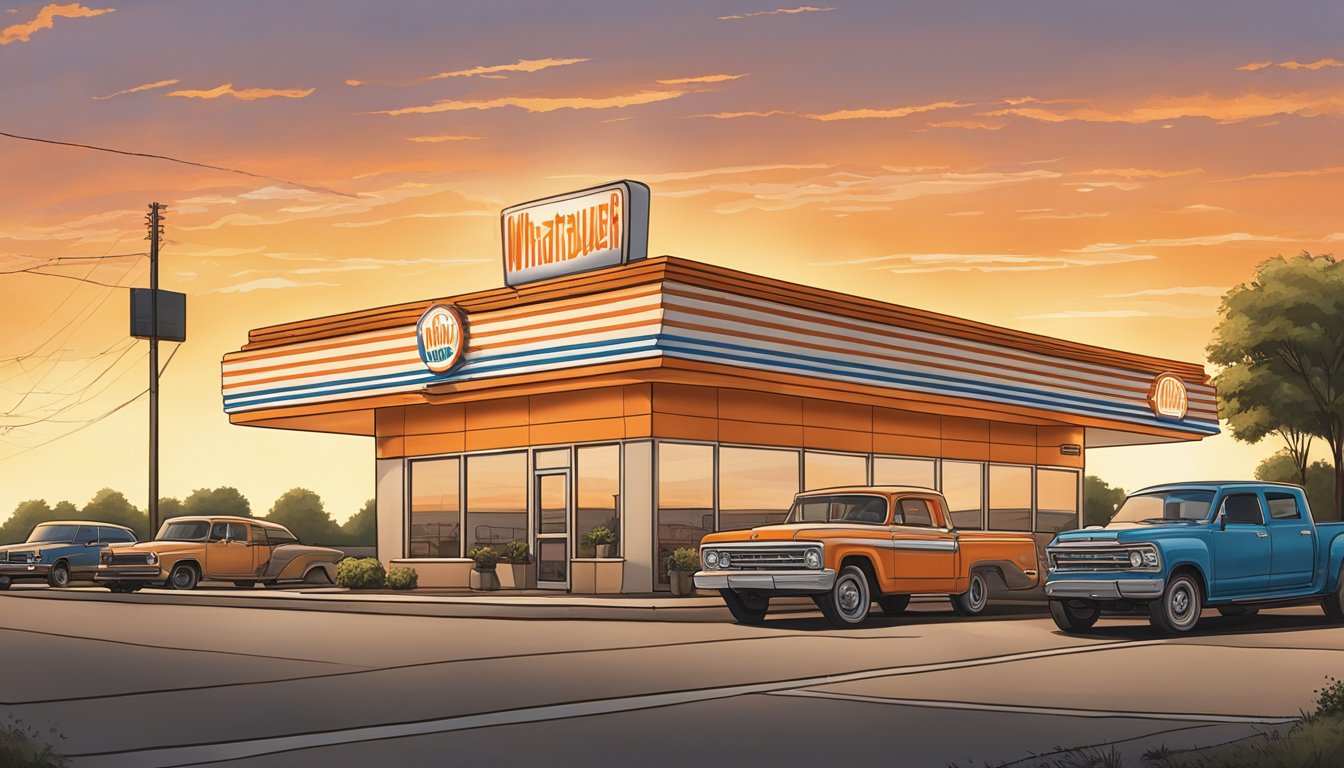 The iconic Whataburger sign stands tall against a Muskogee sunset, with a line of cars wrapping around the drive-thru