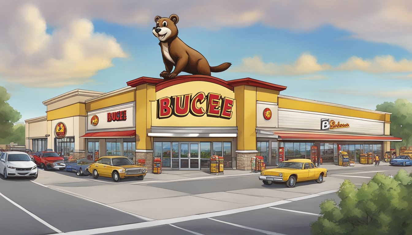 A bustling Wisconsin Buc-ee's location with gas pumps, a large store, and a towering mascot beaver statue