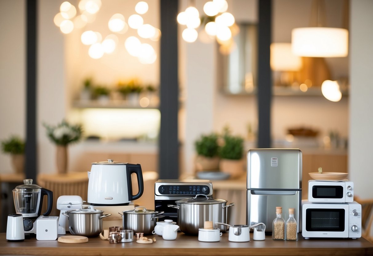 A table with various items such as kitchenware, appliances, and home decor displayed for a wedding registry