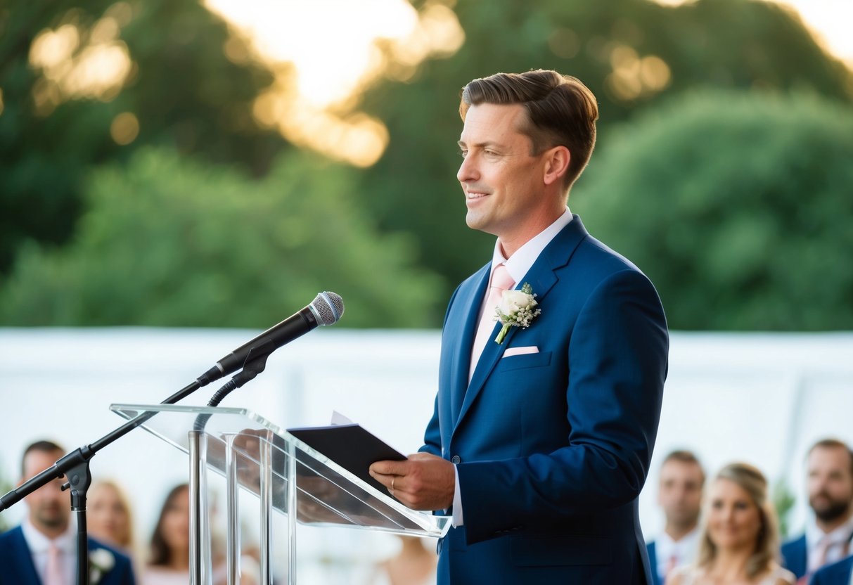 A person standing at a podium conducting a wedding ceremony
