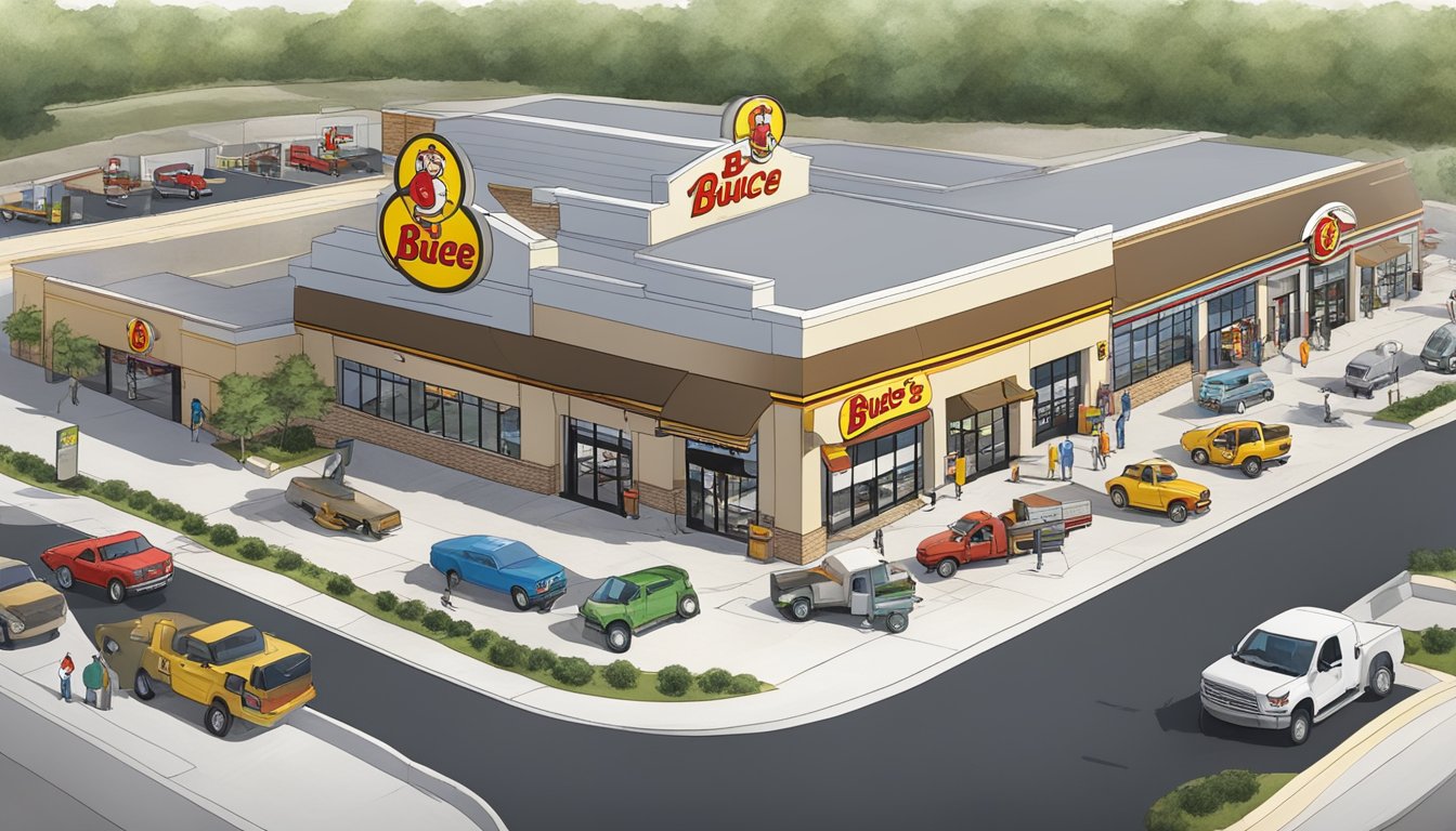 A bustling buc-ee's gas station surrounded by new businesses and homes, with construction crews working on expanding the facility