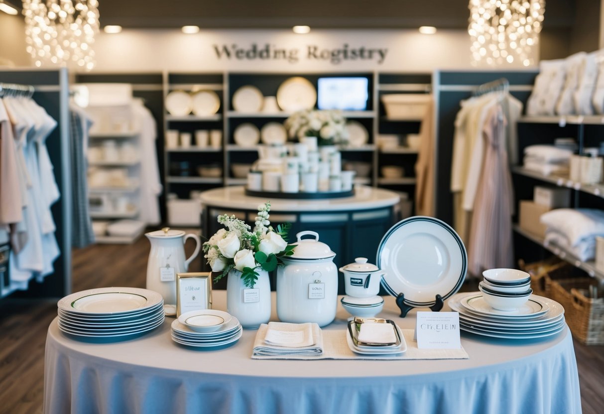 A table with wedding registry items, including kitchenware, bedding, and home decor, displayed in a store