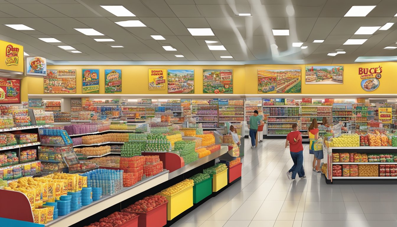 The bustling interior of a buc-ee's Daytona store, with colorful specialty sections and various services being offered to customers