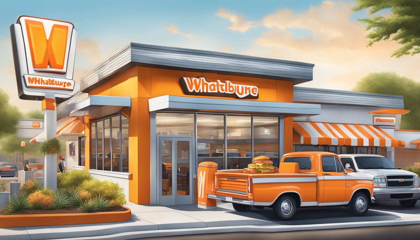 A bustling Whataburger restaurant with a drive-thru, outdoor seating, and a colorful menu board