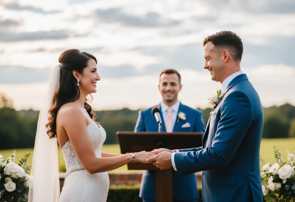 A person standing at a podium with a couple in front, exchanging vows