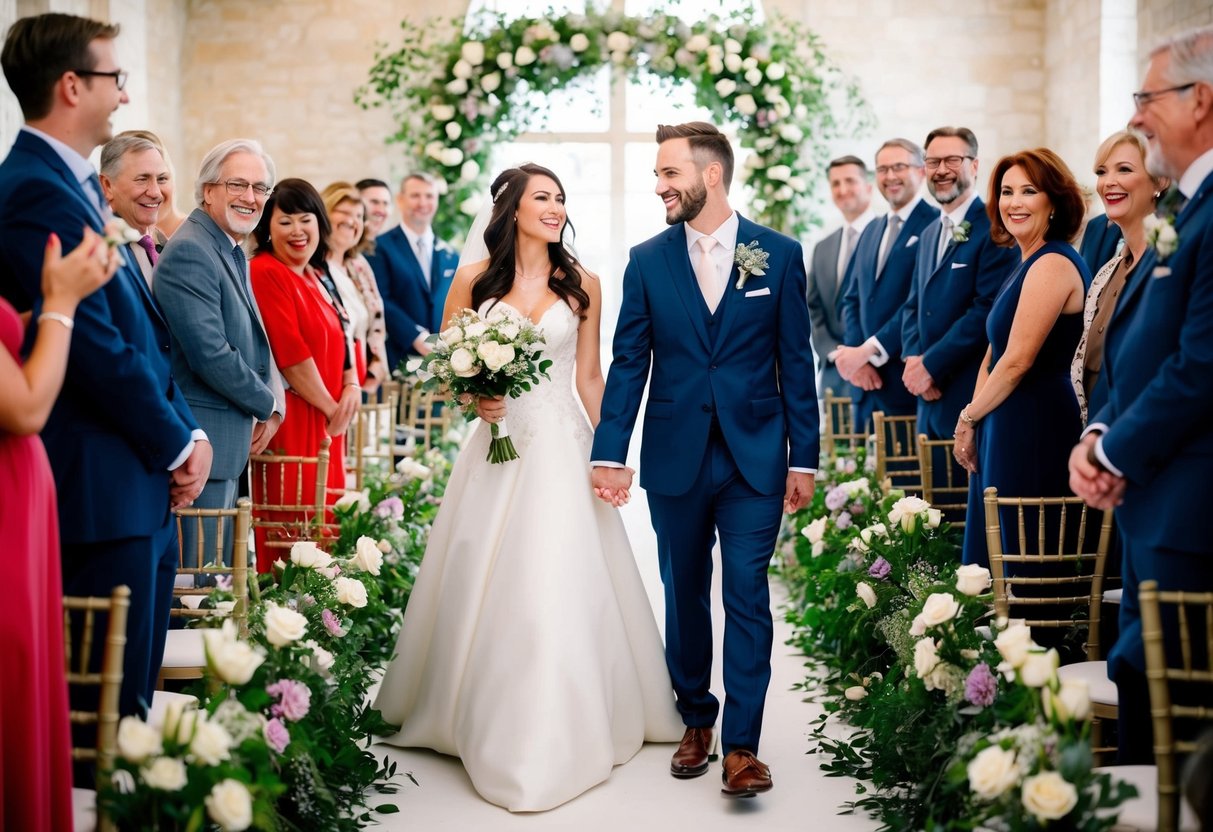 A bride and groom walk hand in hand down a flower-lined aisle, surrounded by smiling guests and the sound of joyful music