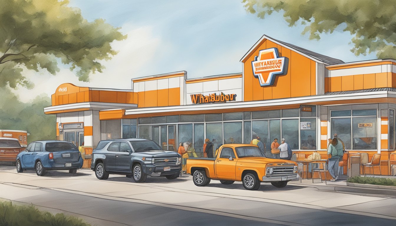 The Whataburger in Muskogee bustles with activity during peak hours, with cars lined up at the drive-thru and customers dining inside