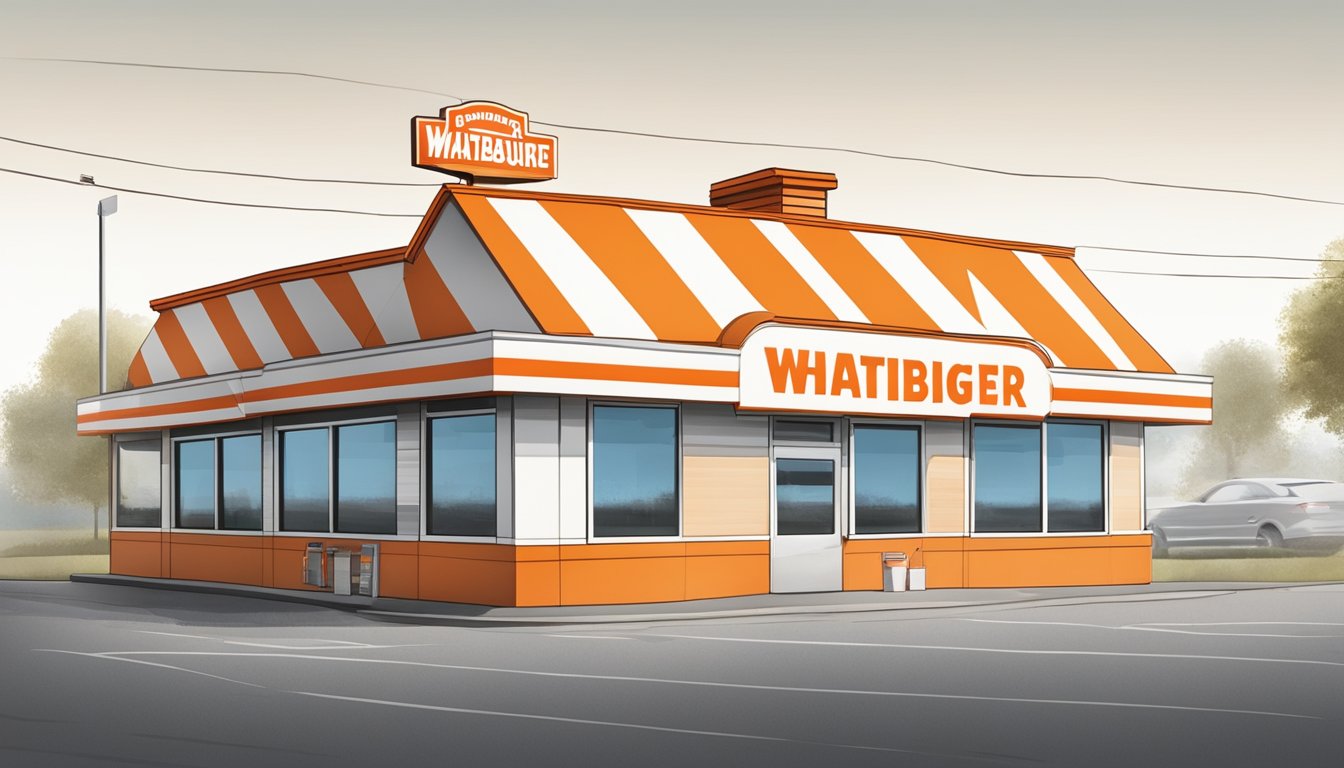 The iconic orange and white striped building of a Whataburger restaurant in Muskogee, with the familiar logo and drive-thru window