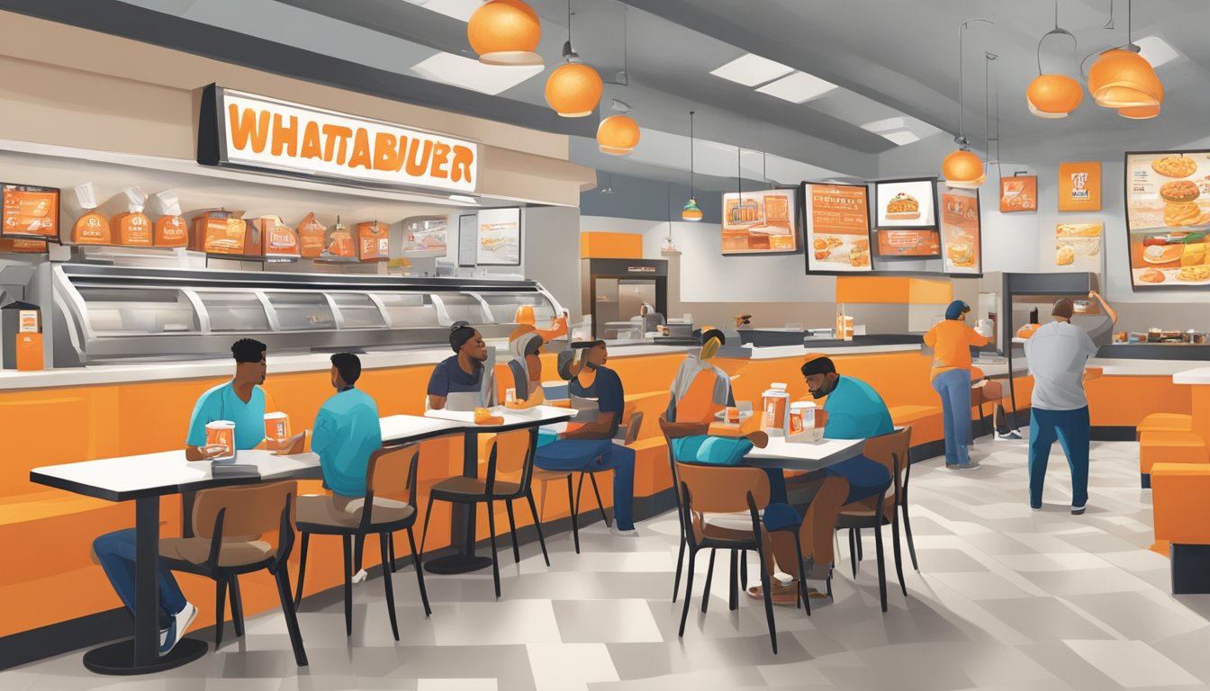 A bustling Whataburger in Muskogee, with customers scanning QR codes and earning rewards through the loyalty program. Tables are filled with satisfied patrons enjoying their meals